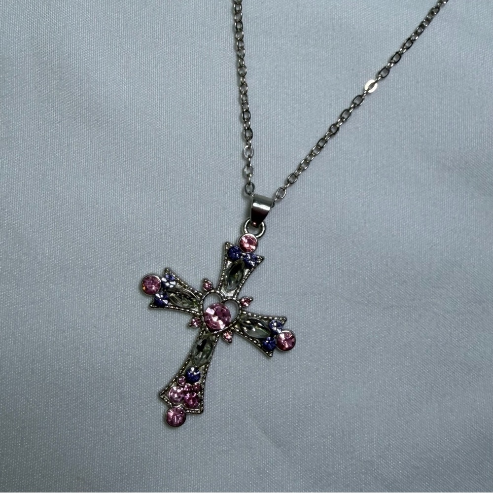 Vintage Inspo Brand New Silver Pink Purple Rhinestone Cross Pendant 19” Necklace